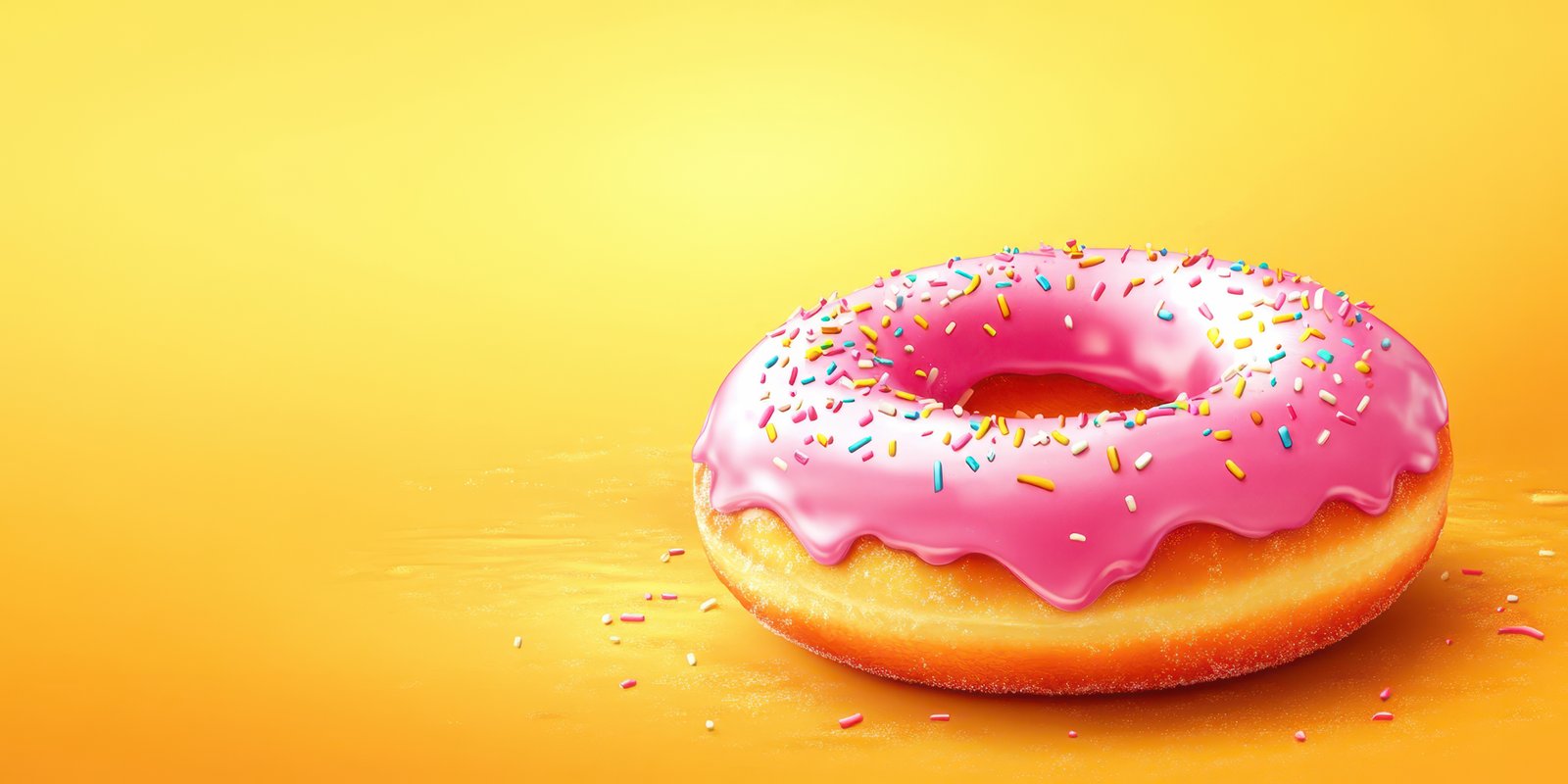 Colorful pink frosted donut with sprinkles on vibrant background